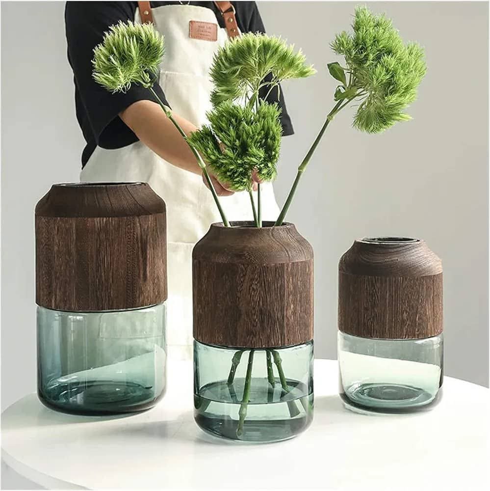 Vase en verre et bois