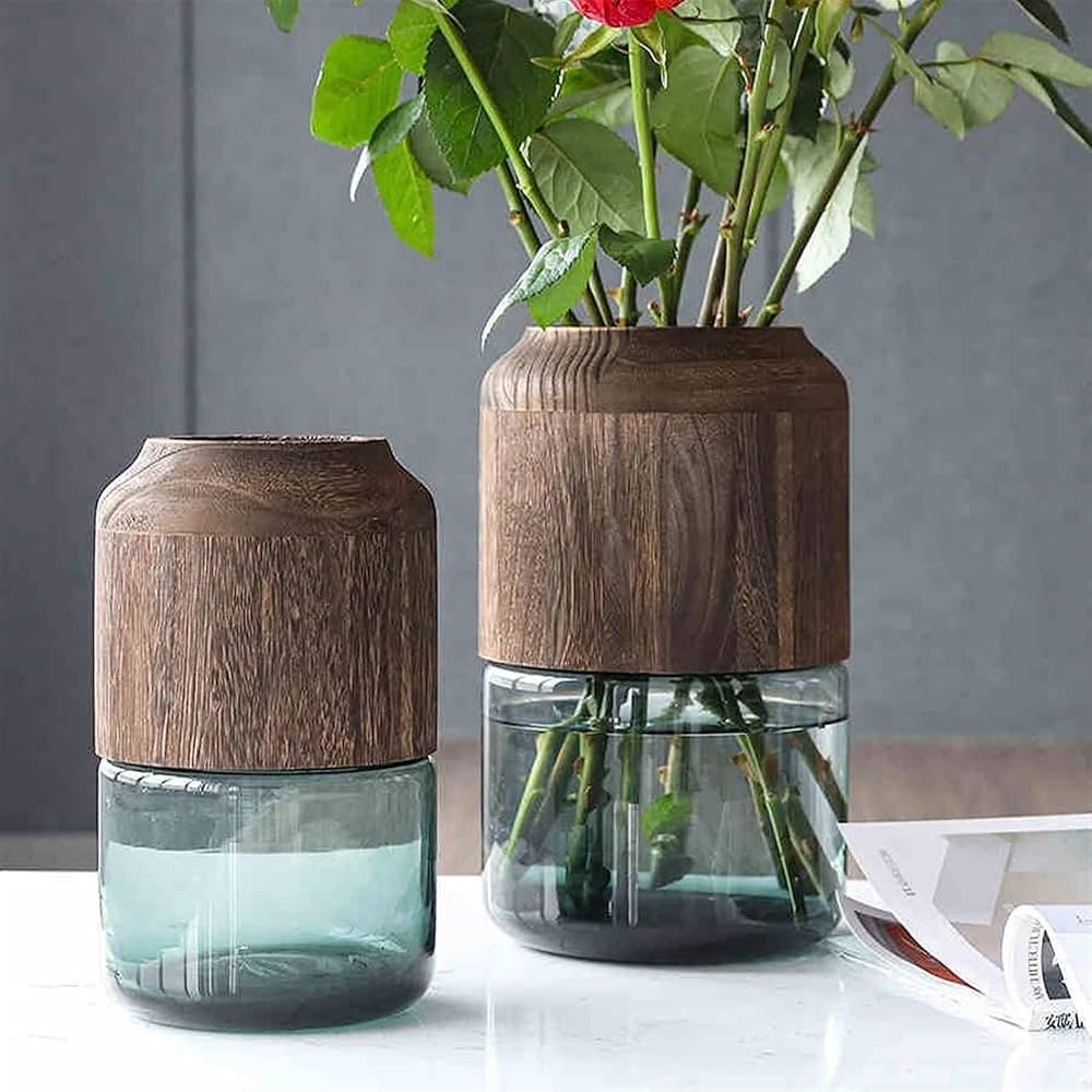Vase en verre et bois