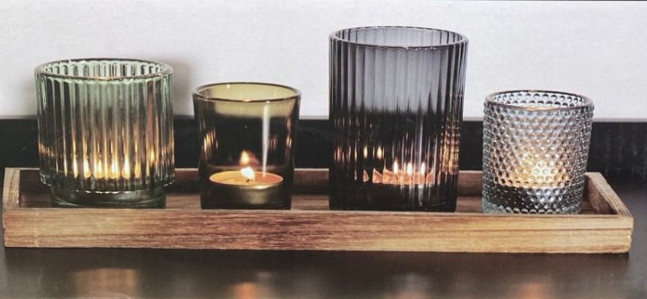 Ensemble 4 verre pour bougie et plateau en bois