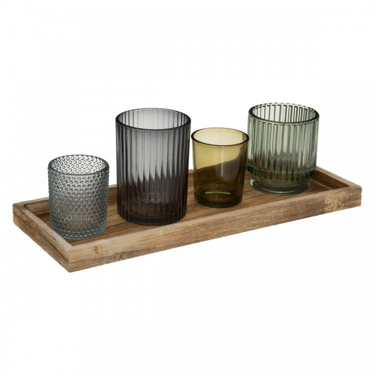 Ensemble 4 verre pour bougie et plateau en bois
