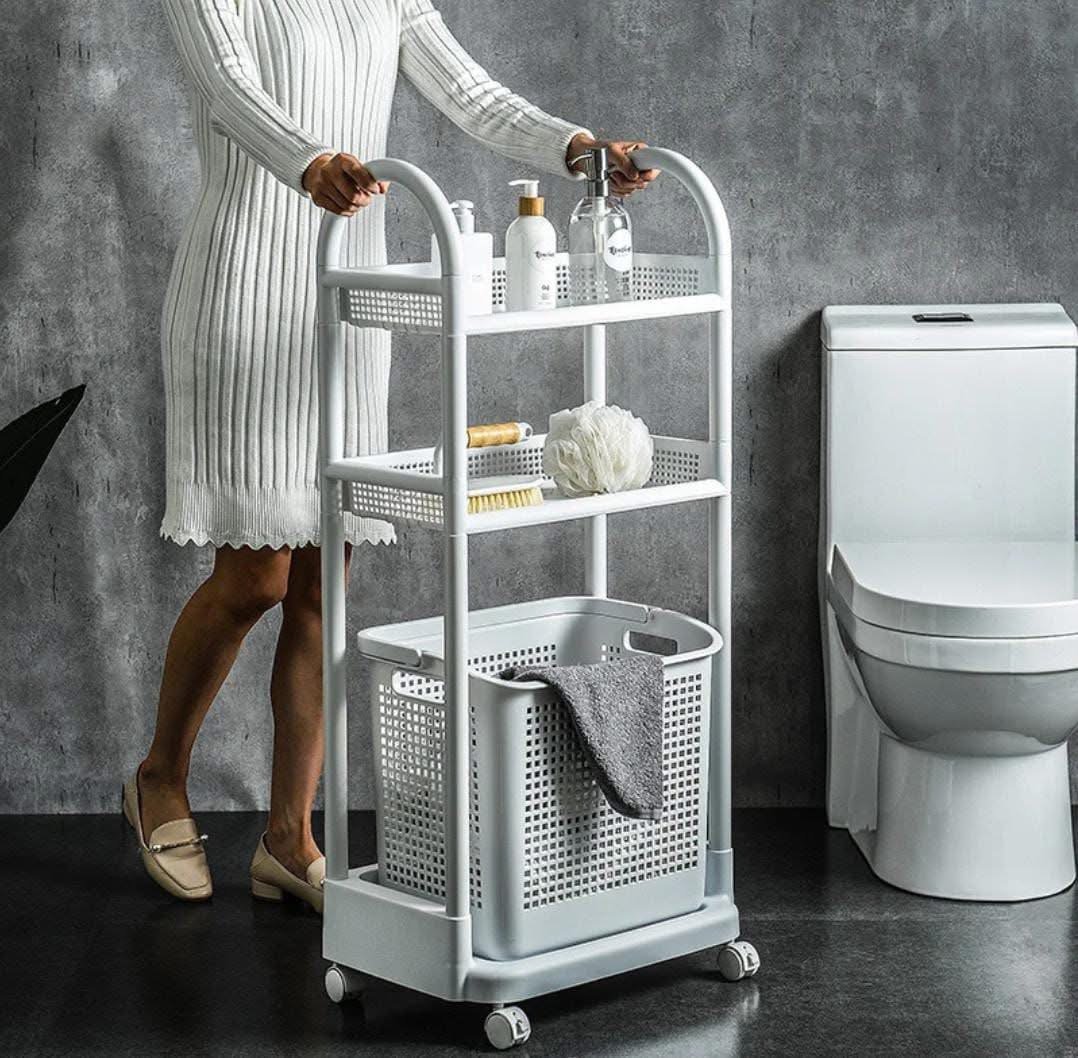 chariot à linge Briscoes à 2 niveaux avec étagère et panier.