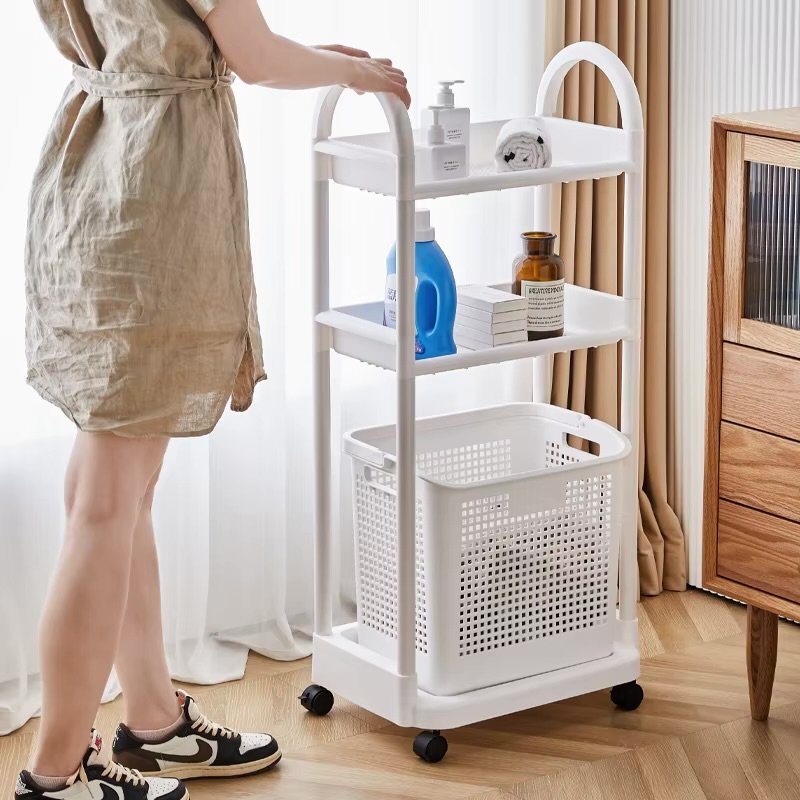 chariot à linge Briscoes à 2 niveaux avec étagère et panier.