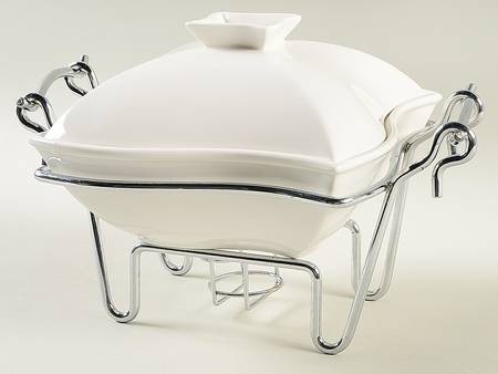 Plat de service avec couvercle - Porcelaine blanche & support chromé